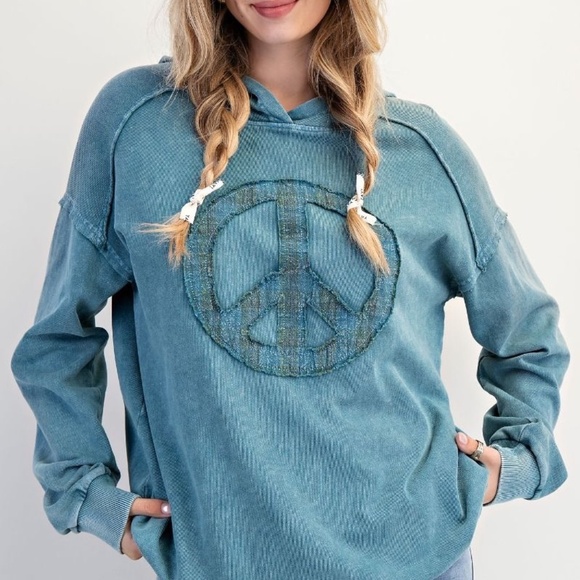 NEW EASEL CLOTHING WASHED TERRY KNIT PULLOVER PEACE HOODIE TEAL SWEATSHIRT - Picture 7 of 8